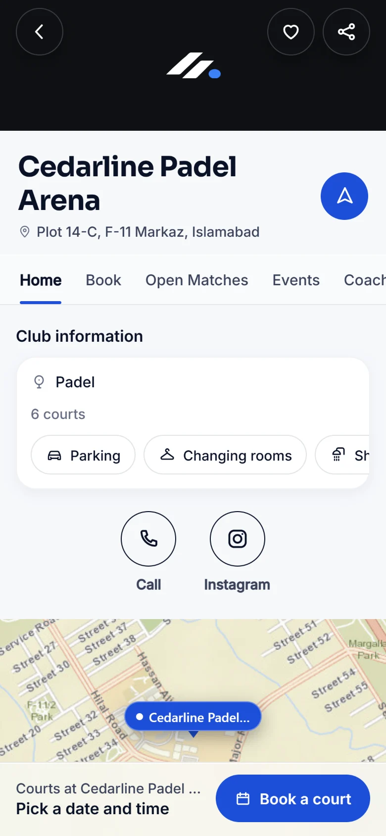 RAQET club page with courts, facilities and a map