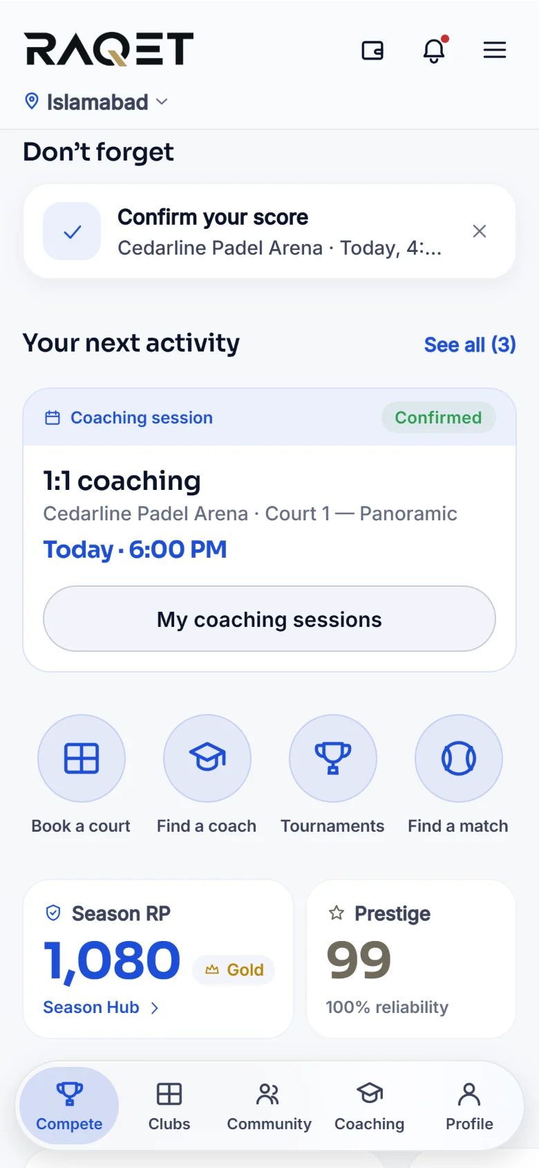 RAQET home screen with open matches and tournaments