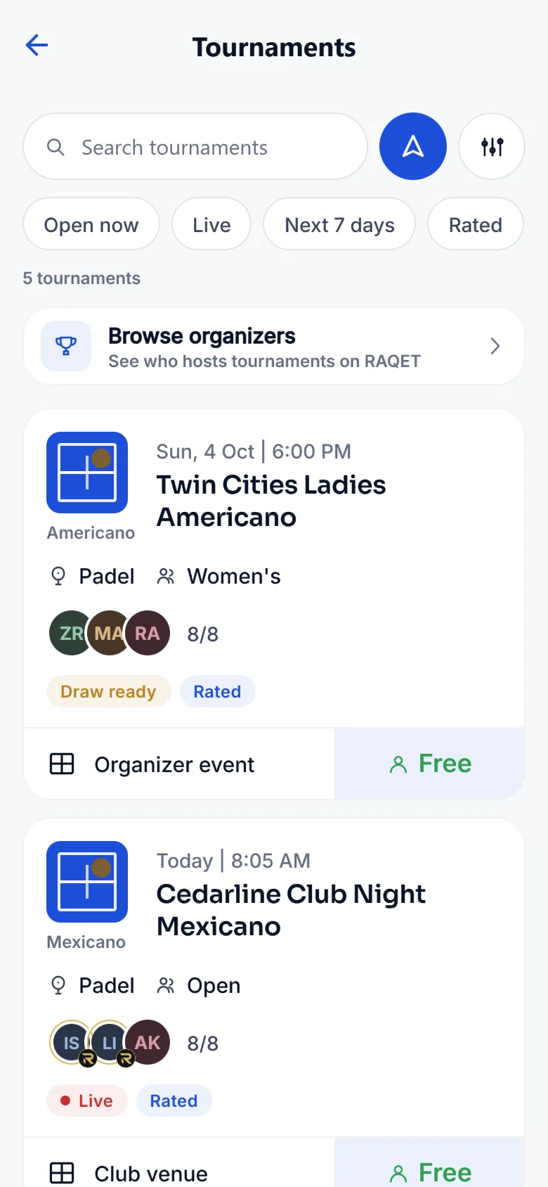 Tournament list in the RAQET app